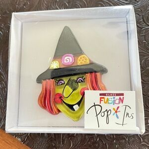 Glass Fusion Pop Ins Witch Face Pin - Bright Green & Orange